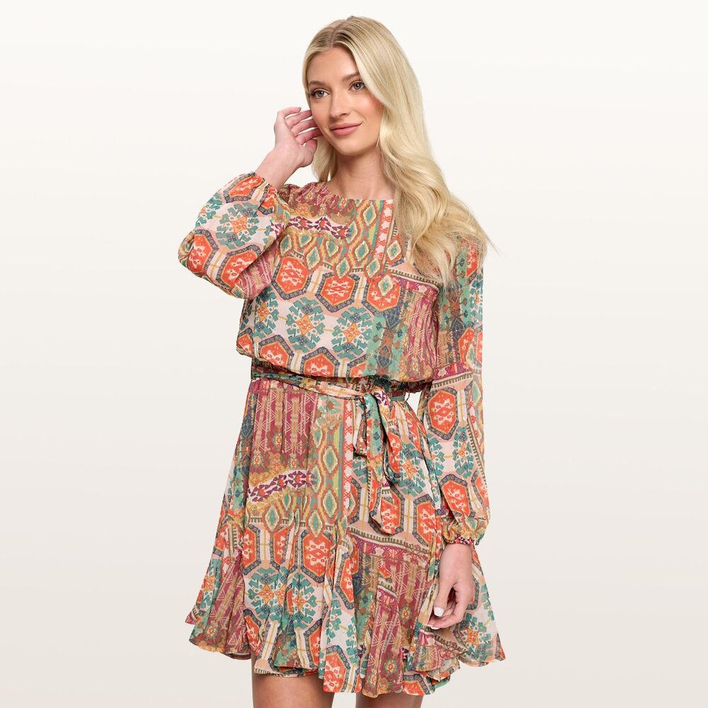 Boho Mini Dress Long Sleeve Belted Floral Dress
